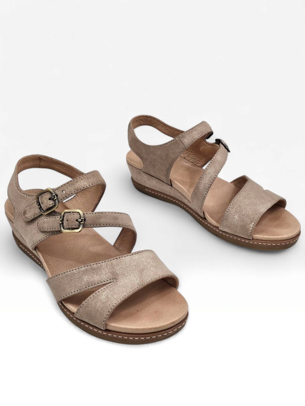 DANSKO Angela Metallic Sand Beige Leather Strappy Wedge Sandals 38/7.5-8M